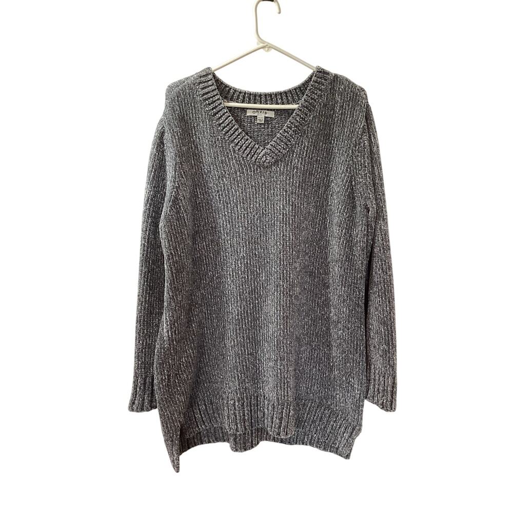 Orvis Women's Chunky Knit V Neck Chenille Pullover Sweater‎ Winter Gray Size XXL